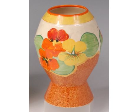 A 1930s Clarice Cliff Nasturtium pattern pottery vase, of angular ovoid form to tapering foot, black printed backstamp Nastur