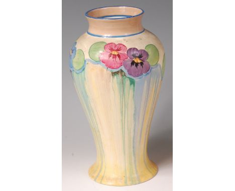 A 1930s Clarice Cliff Pansies pattern pottery vase, of shouldered baluster form, black printed backstamp, hand-painted Bizarr