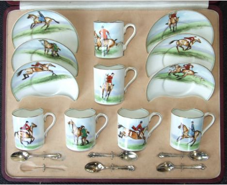 A Royal Worcester cabinet coffee service, hand-painted with hunting scenes, signed J Hendry, puce marks beneath dated 1933 an