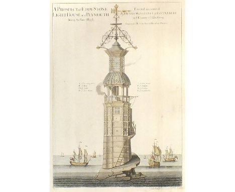 A hand-coloured engraving, A Prospect of Eddy-Stone Light-House near Plymouth Being 80 Foot High. Erected &amp; Contrivd By H