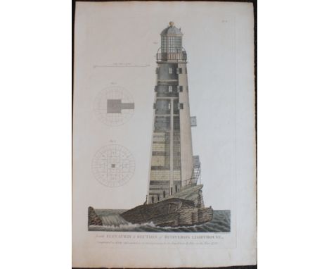 A hand-coloured engraving, No.6, South Elevation &amp; Section of Rudyerd's Lighthouse Completed in 1709; represented as it s