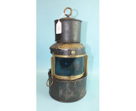 A japanned metal signal lamp, 'Port', 'Starboard', with clear filters and sliding shutters, by J S Starnes, London, 40cm high