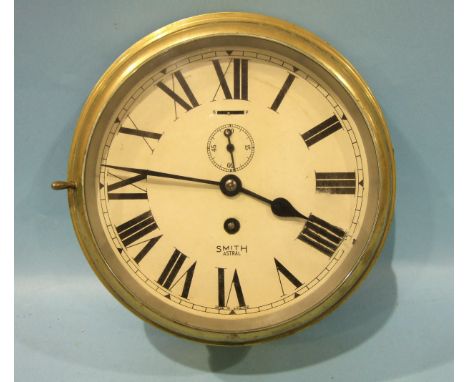 A Smiths brass bulkhead clock, the circular white enamel dial with second subsidiary and slow/fast lever marked Smith Astral,