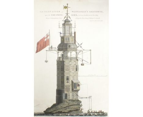 A hand-coloured engraving, South Elevation of Winstanley's Lighthouse upon the Edystone Rock, as it was finished in the Year 
