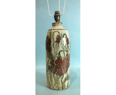 Colin Kellam, a studio pottery table lamp base decorated with red flowers, 41cm high, (including fitting).