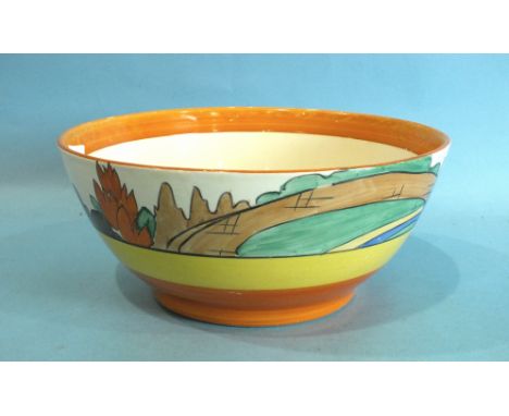 A Clarice Cliff Fantasque Bizarre bowl decorated in the Orange Roof Cottage Landscape pattern, (cottage lacking), above bands