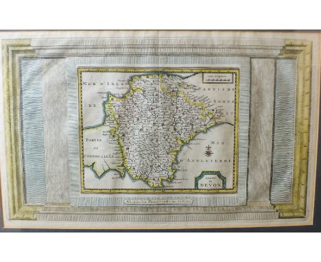 Pierre Vander Aa, "Comté de Devon", hand-coloured map with architectural surround, circa 1729, 25 x 41cm.