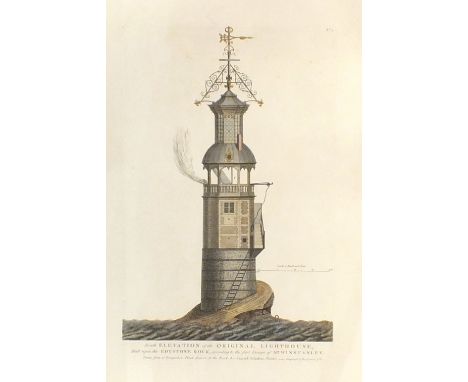 A hand-coloured engraving, No.4, South Elevation of the Original Lighthouse Built upon the Edystone Rock, according to the Fi