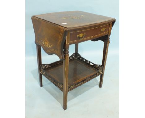 A late-Victorian inlaid rosewood two-tier side table, the shaped top with serpentine drop leaves above a single drawer, on sq