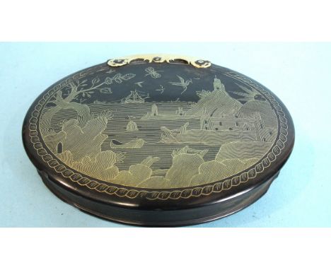 An 18th century tortoiseshell and gold piqué snuff box the oval lid inlaid with a town and seascape with boats, birds, insect