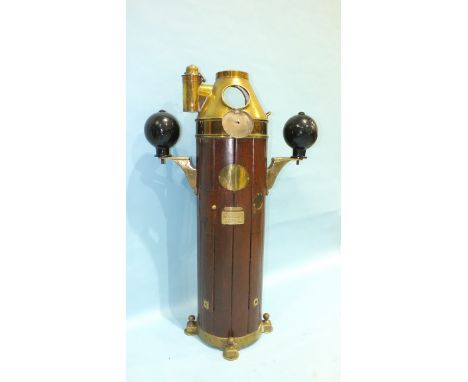 A Henry Brown &amp; Sons Sestrel teak ship's binnacle, having brass cover enclosing gimbal-mounted compass marked B Cooke &am