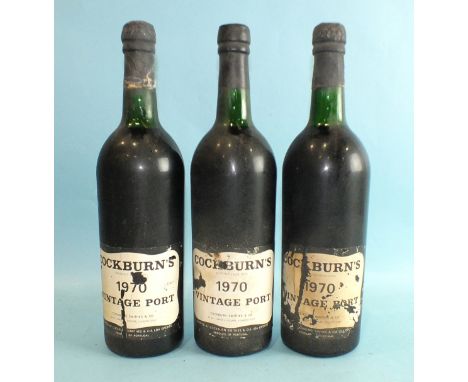 Three bottles of Cockburns vintage Port, 1970, one capsule perforated, no visible seepage, levels good, (3).