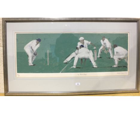 •Ruskin Spear (1911-1990), 'A Thin Edge', a limited-edition coloured cricket print, 35 x 94cm, no.46/175, titled, signed and 