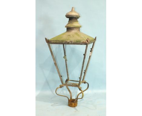 A Victorian copper street lamp hood by Foster &amp; Pullen, Bradford, on cast iron bracket with glass panels, 108cm high.
