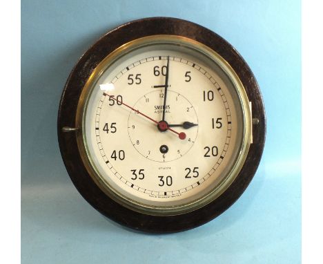 A Smith's Astral brass bulkhead clock with red-painted second hand, the seconds dial with painted hour subsidiary dial, numbe