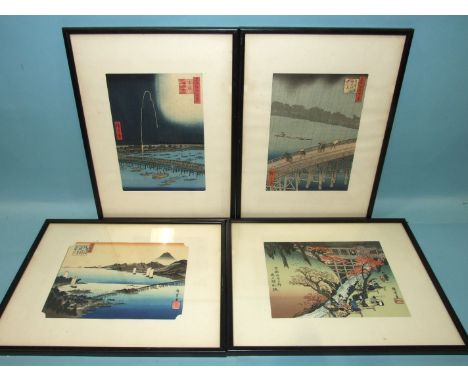 A 20th century Chinese hand-coloured print, "Figures Crossing A Bridge In Heavy Rain", 22.4 x 16cm and three others, (4).