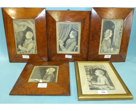 R H Nancarrow, two pencil drawings of a woman wearing a bonnet, 19 x 12cm, 13 x 13cm, two others of gentlemen, one holding a 