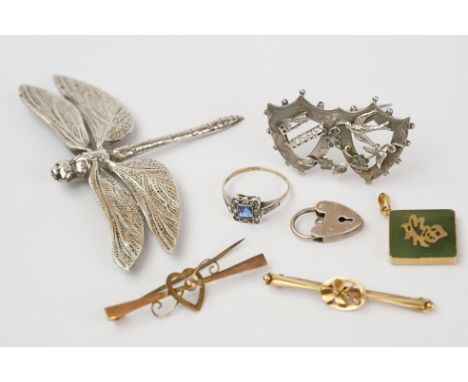 Edwardian silver 'Best Wishes' brooch, silver padlock, two Victorian 9ct gold bar brooches (one af) an Art Deco silver paste 