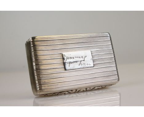 George IV silver snuff box, incised hinged lid and body, cast rose bud and foliate thumb lip, striker to the reverse, persona