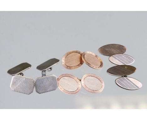 Pair of 9ct rose gold oval panel chain link cufflinks, incised stripe decoration; together with two pairs of silver cufflinks