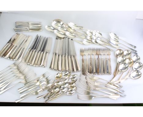 Silver flatware for eight place settings, stylised Hanoverian rattail pattern, makers Roberts &amp; Belk Ltd, Sheffield 1986 