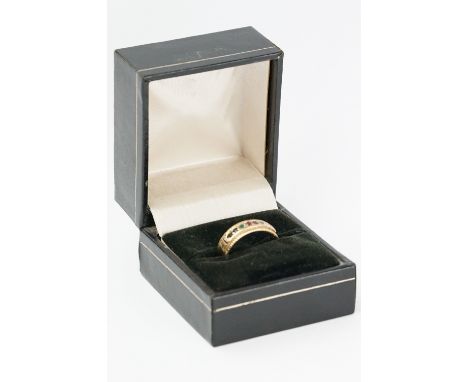 Dearest 9ct yellow gold ring: diamond, emerald, amethyst, ruby, emerald, sapphire and topaz, band width approx 6mm, ring size