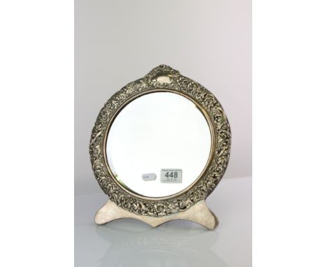 Edwardian silver dressing table easel back mirror, bird and foliate decoration, blank cartouche, makers HM, Birmingham 1906, 