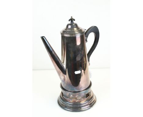 EPNS spirit coffee pot, plain polished form, reeded border, ebony handle and finial, with burner stand, height of coffee pot 