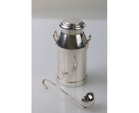 Novelty silver condiment jar modelled as a lidded milk churn, plain polished with gilt lined interior, together with a silver