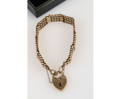 9ct yellow gold gate link bracelet with padlock clasp, width approx 12mm 
