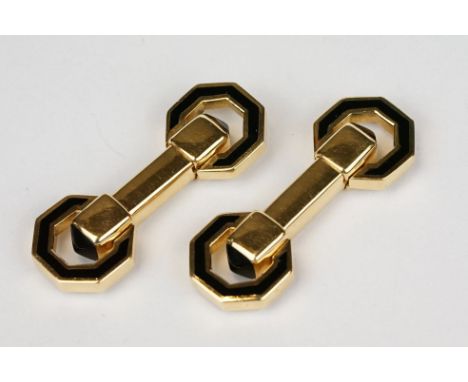 Pair of black onyx and enamelled 18ct yellow gold cufflinks, black onyx faceted pyramid finials, black enamel octagonal termi