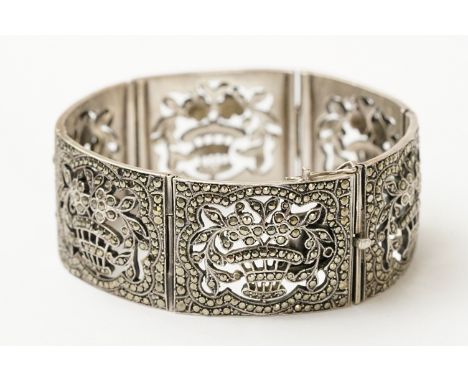 Late 19th century / early 20th century marcasite silver panel bracelet, six rectangular convex panels, each panel with pierce