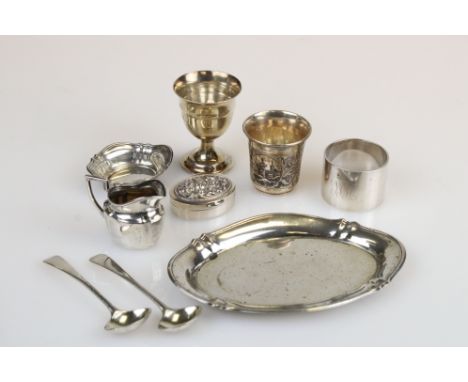 Small collection of silver items to include a Russian silver niello egg cup, two Russian building scenes and stylised scrolli