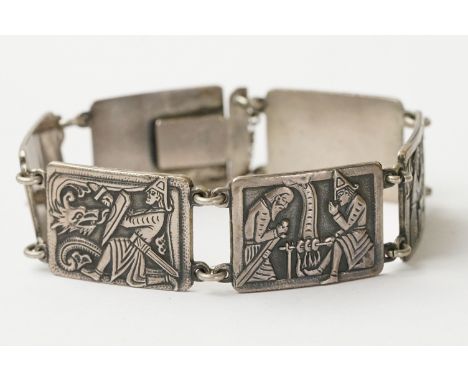 Nils Eric Elvik Norwegian silver panel bracelet, six rectangular panels depicting George and the dragon; and the making of th