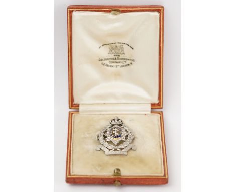 Indian Medical Service diamond and enamelled white metal sweetheart brooch, assessed as platinum, multiple small round eight 