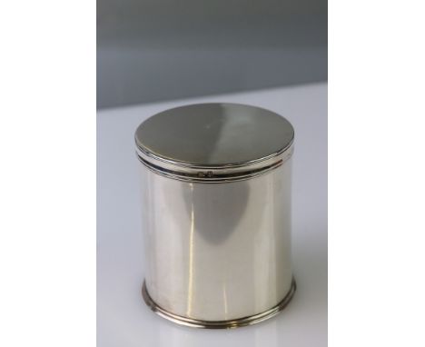 Silver tea caddy, plain polished cylindrical form, gilt interior, makers Elkington &amp; Co, Birmingham 1939, height approx 8