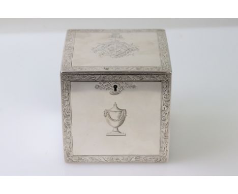 George III white metal tea caddy, cube form, each side with engraved urn design and an engraved foliate scroll border, the hi