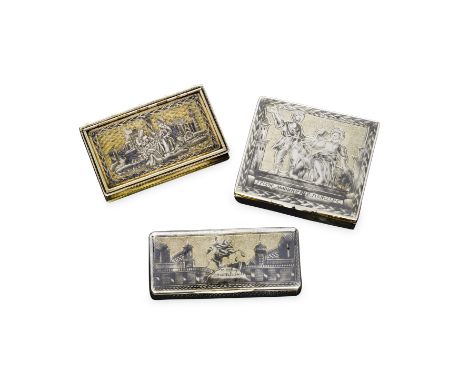 A group of three parcel-gilt and niello snuff boxesMoscow, 1830s, various makersone square, hinged lid decorated with monumen