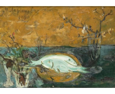 Mikhail Fedorovich Larionov (Russian/French, 1881-1964)Still life with fish and flowers signed in Latin and dated '1909' (upp