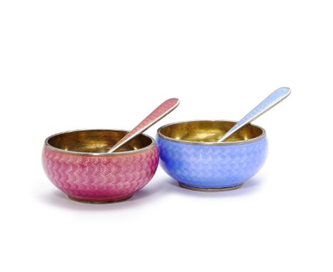 A pair of silver-gilt and guilloché enamel salt cellars with matching miniature spoonsGrachev, St. Petersburg, 1899-1903each 