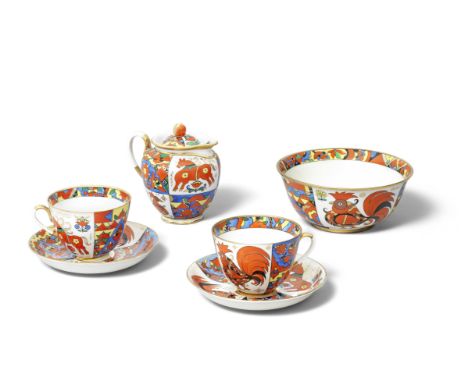 A Soviet porcelain tea set with lubok-inspired decorationLomonosov Porcelain Factory, after a design by Alexei Vorobievskycom