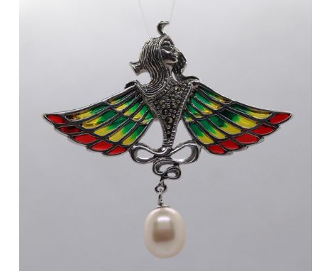 Silver &amp; enamel pearl drop pendant/brooch 