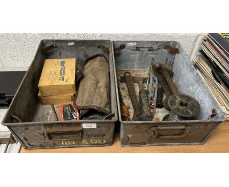 Collection of tools in metal trugs 
