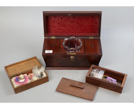 Sarcophagus mahogany tea caddy together with 2 jewellery boxes and contents&nbsp; 