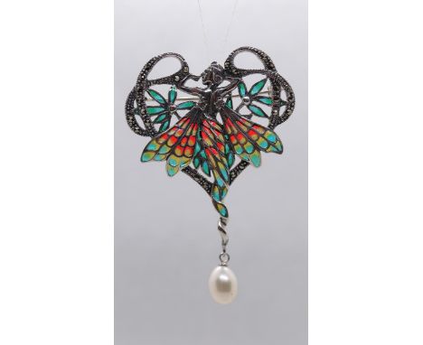 Silver enamel pearl drop fairy pendant 