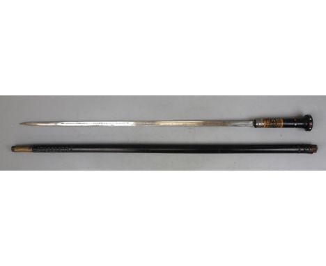 Victorian colonial Swordstick, bone inlay to handle, flat steel fullered blade, nickel locking ring