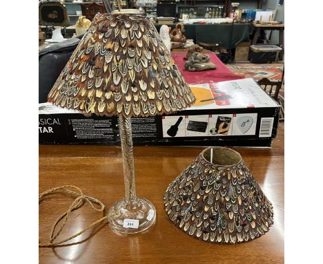 Pair of pheasant feather lampshades and glass standard lamp 