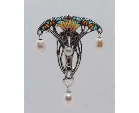 Silver enamel ruby &amp; pearl drop pendant 