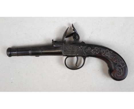 Late 18thC (1790's) cannon barrel 54 bore flintlock, silver wire inlay to flat sided bag grip, engraved T.Smith, Worcester