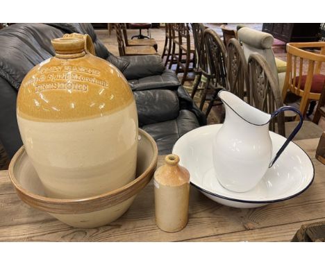 Earthenware flagon marked John baker, Pershore together with mixing bowl and enamel wash jug and basin. Height of flagon is a